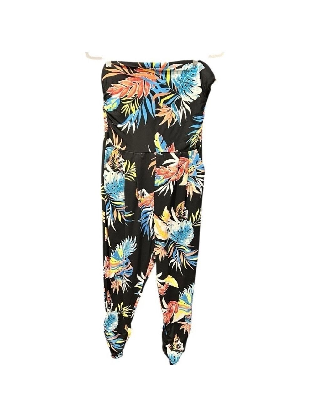 JOLIE & JOY Tropical Print Strapless Jumpsuit Pockets Elastic Waist Stretchy NWT